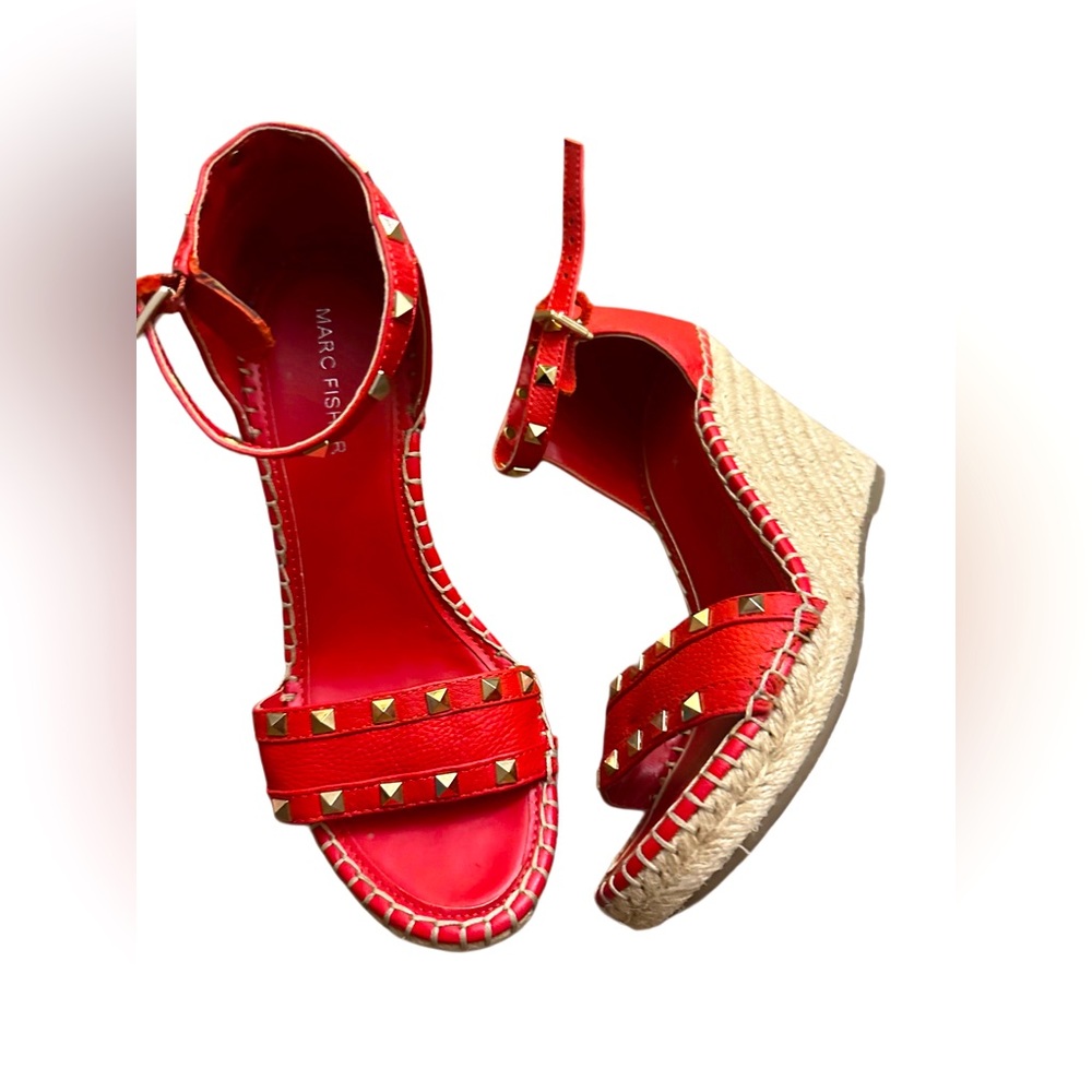 Marc‎ Fisher Womens Studded Espadrille Wedge Shoes 8M Kegan Red Ankle Strap